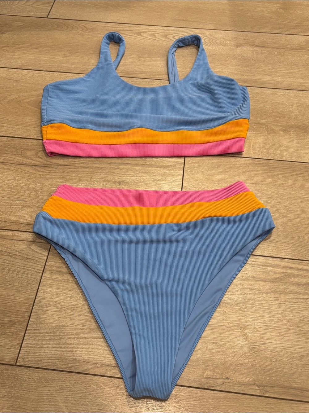 Beach Riot Blue Bikini with Pink and Orange Bands